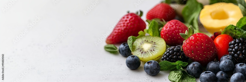 Various fresh fruits including strawberries, blueberries, kiwi, and more arranged beautifully on a light surface. Various fresh fruits including strawberries, blueberries, kiwi, and more arranged beautifully on a light surface.
