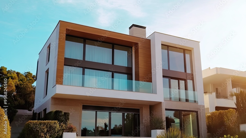 Close-up of a minimalist exterior of a modern house with a clean facade, large windows, and an uncluttered garden, showcasing its architectural simplicity. -