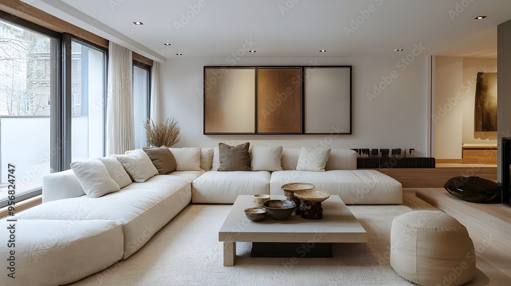 Cozy and inviting modern living room with a plush sectional sofa neutral color palette and minimalist decor creating a comfortable and serene atmosphere for relaxation and unwinding Cozy and inviting modern living room with a plush sectional sofa neutral color palette and minimalist decor creating a comfortable and serene atmosphere for relaxation and unwinding