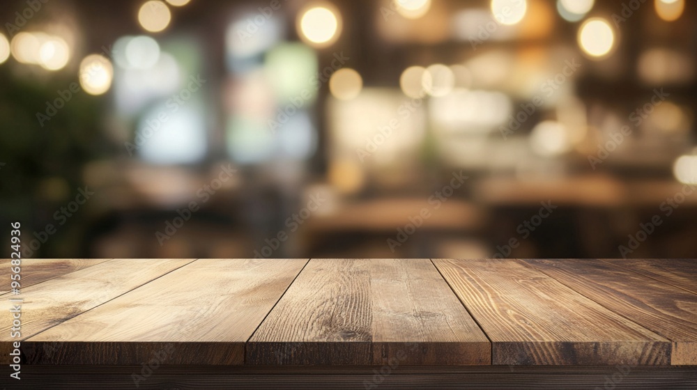 Rustic wooden table surface in foreground with blurred warm, inviting restaurant or cafe interior background. Soft glowing lights create cozy ambiance. Rustic wooden table surface in foreground with blurred warm, inviting restaurant or cafe interior background. Soft glowing lights create cozy ambiance.