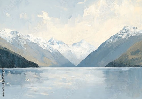 Snowcapped Mountains and Blue Lake in New Zealand, Minimalist Style, AI generated illustration