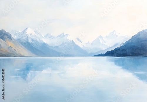 Snowcapped Mountains and Blue Lake in New Zealand, Minimalist Style, AI generated illustration