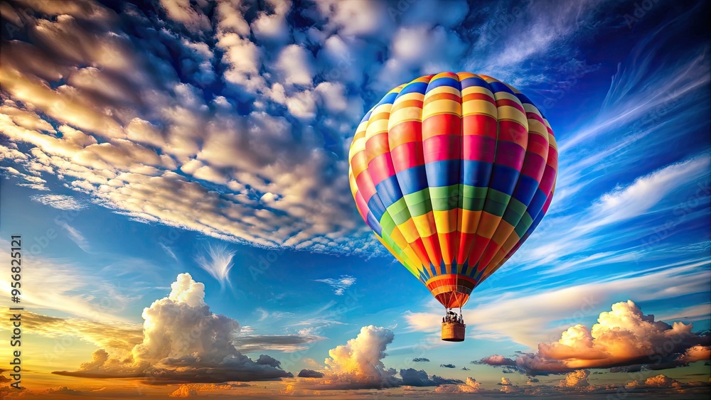 Obraz premium A majestic hot air balloon ascends into a vibrant blue sky with wispy clouds, symbolizing freedom, hope, and limitless possibilities, against a serene landscape.