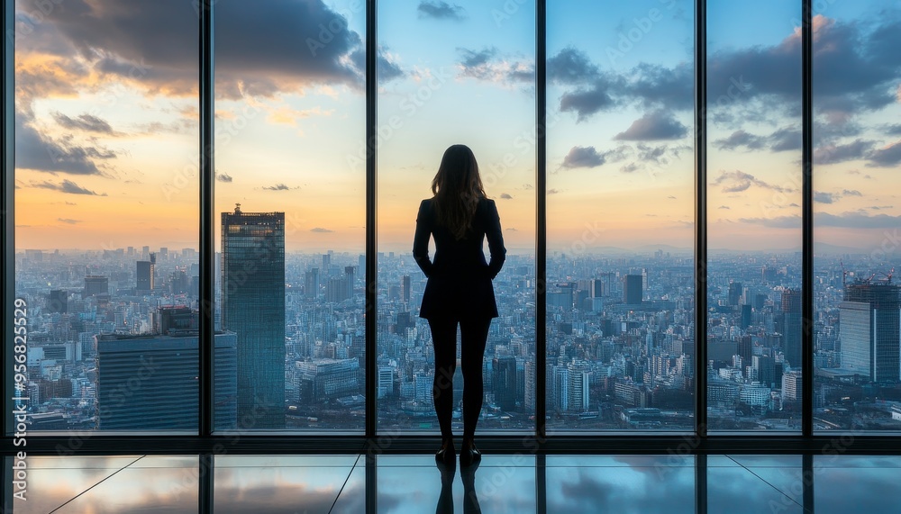 Fototapeta premium A silhouette of a woman gazes out over a city skyline at sunset, reflecting contemplation and ambition.