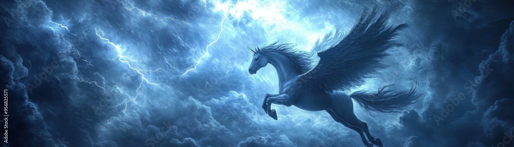 Winged Pegasus flying through a stormy sky, lightning in the background Winged Pegasus flying through a stormy sky, lightning in the background