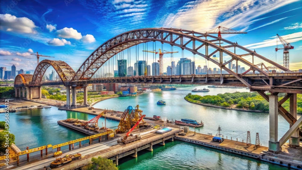 Fototapeta premium A massive steel arch bridge under construction spans a serene blue-water river, surrounded by excavators, cranes, and scaffolding amidst a scenic urban cityscape backdrop.