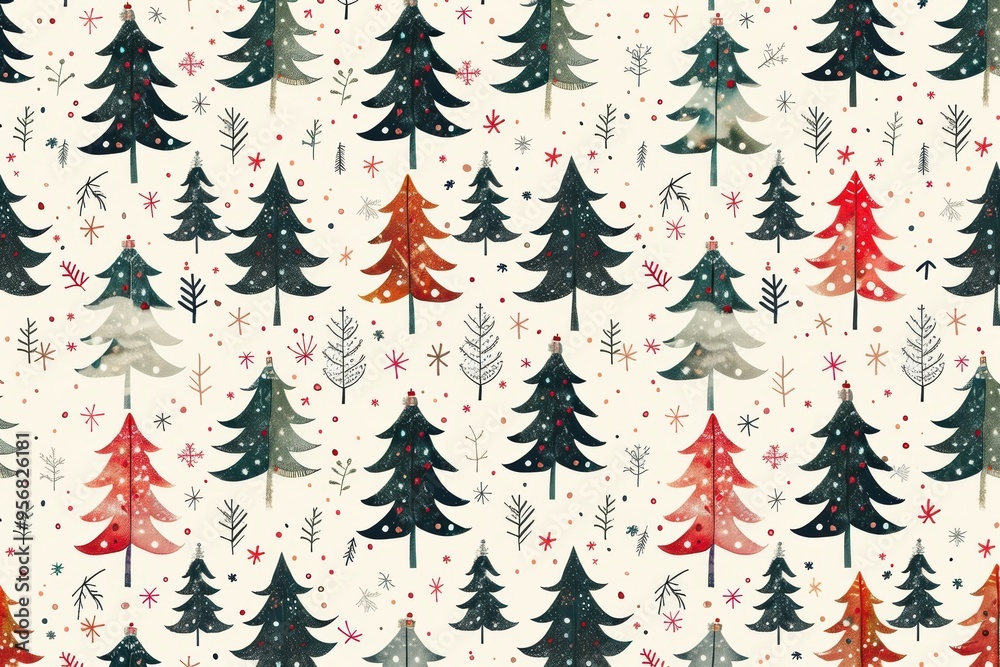 Obraz premium Patterned wallpaper with Christmas trees ideal for creating a festive atmosphere..