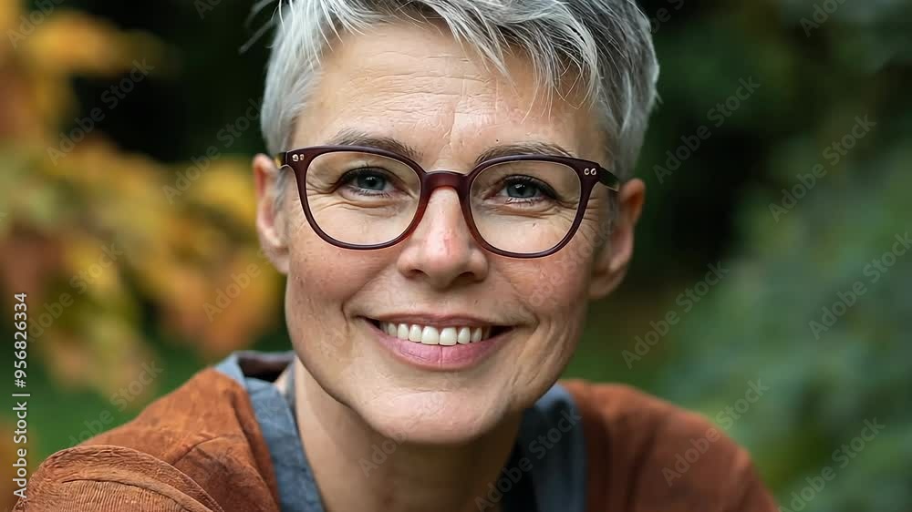 A non-binary, person with short gray hair and glasses is sitting in a park. She is smiling and looking at the camera A non-binary, person with short gray hair and glasses is sitting in a park. She is smiling and looking at the camera