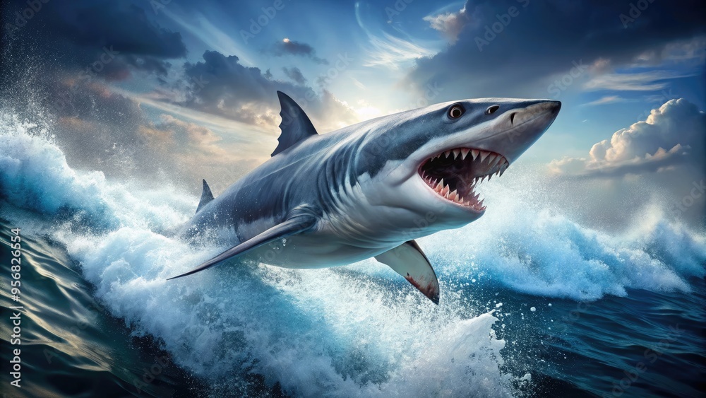 Fototapeta premium A menacing gray shark breaches the ocean's surface, sharp teeth bared, amidst stylized vector waves and bubbles in a dark blue and white gradient background.