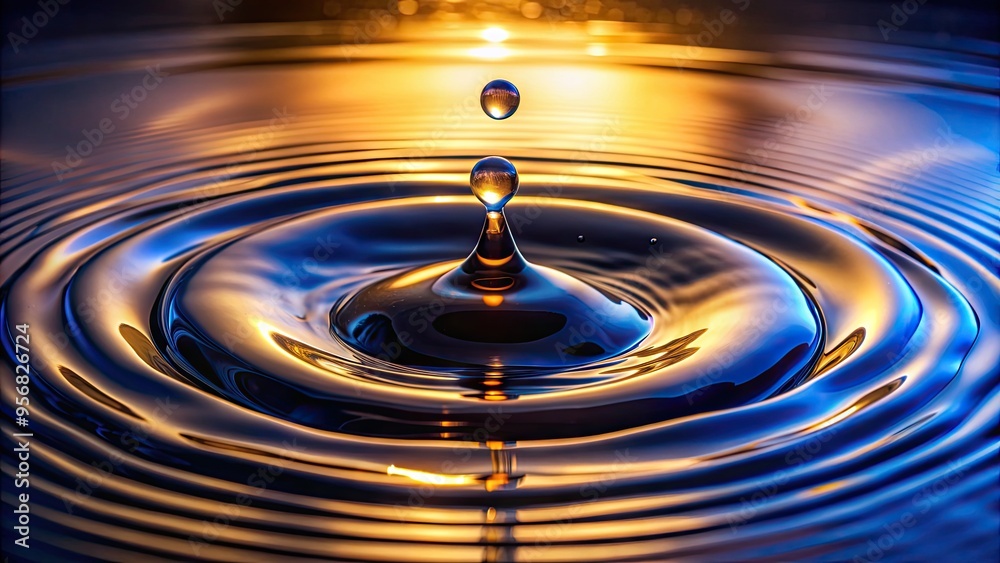 A mesmerizing macro shot of a circular droplet of dark blue ink suspended in mid-air, surrounded by subtle ripples and warm, golden lighting. A mesmerizing macro shot of a circular droplet of dark blue ink suspended in mid-air, surrounded by subtle ripples and warm, golden lighting.