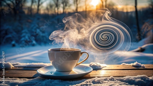 A mesmerizing spiral shape formed by swirling clouds of steam rising from a hot cup of coffee on a crisp winter morning. photo