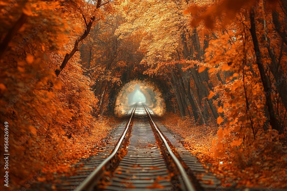 Naklejka premium Autumn Forest with Old Railway Tracks in a Tunnel of Love, AI generated illustration