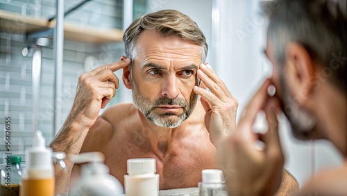 A middle-aged adult with a serious expression gently applies a moisturizer to his forehead, surrounded by skincare products, in a well-lit bathroom setting. photo