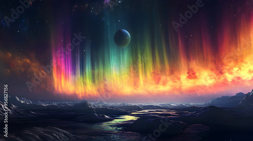 A vibrant, glowing aurora covering the entire sky of a distant planet, with a moon reflecting the colors below.