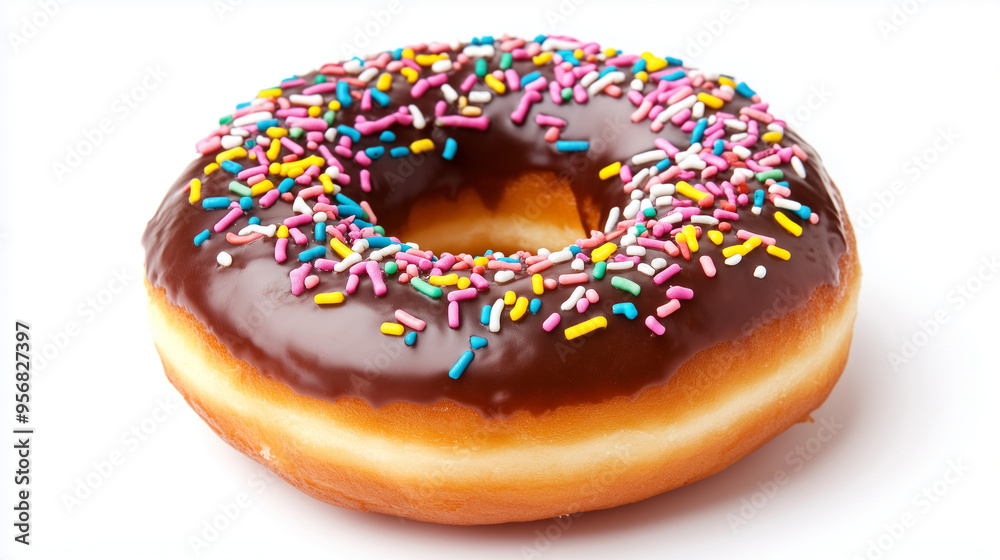 Chocolate bright sweet donut in glaze with sprinkles. Delicious glazed donuts on a white background. generation AI Chocolate bright sweet donut in glaze with sprinkles. Delicious glazed donuts on a white background. generation AI