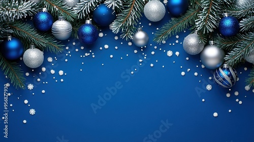 Wallpaper Mural Decorative arrangement of blue and silver Christmas ornaments on evergreen branches against a vibrant blue background Torontodigital.ca