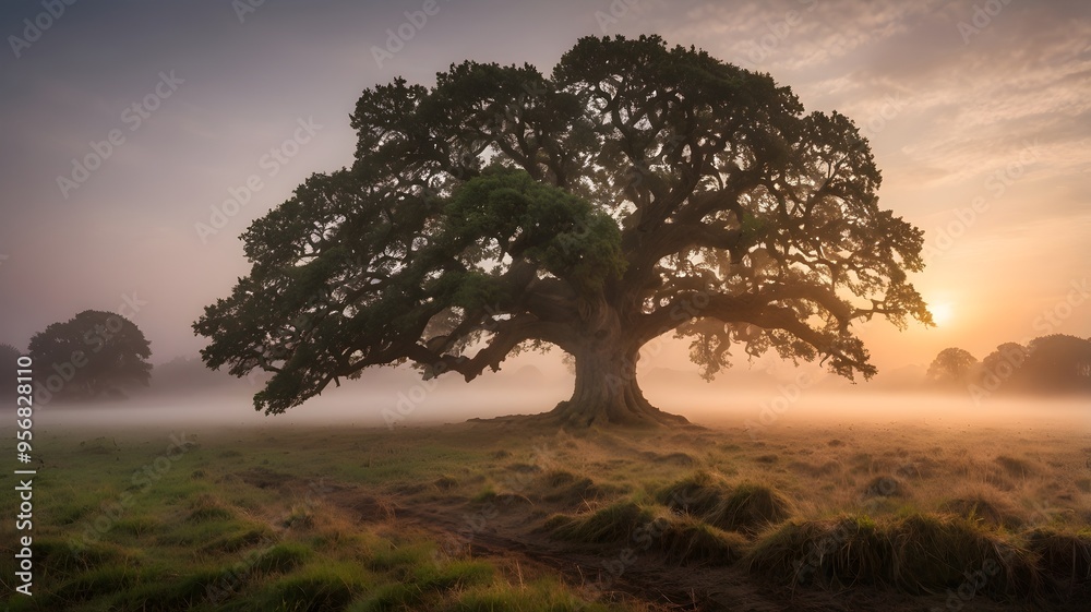 old oak tree in the middle of a field at dawn with mist around it
old oak tree in the middle of a field at dawn with mist around it