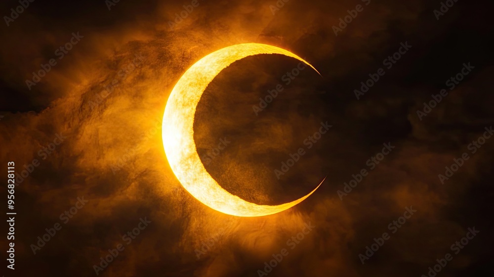 Close-up of a solar eclipse with the moon partially covering the sun, creating a crescent shape and casting a subtle glow around the edges. Close-up of a solar eclipse with the moon partially covering the sun, creating a crescent shape and casting a subtle glow around the edges.