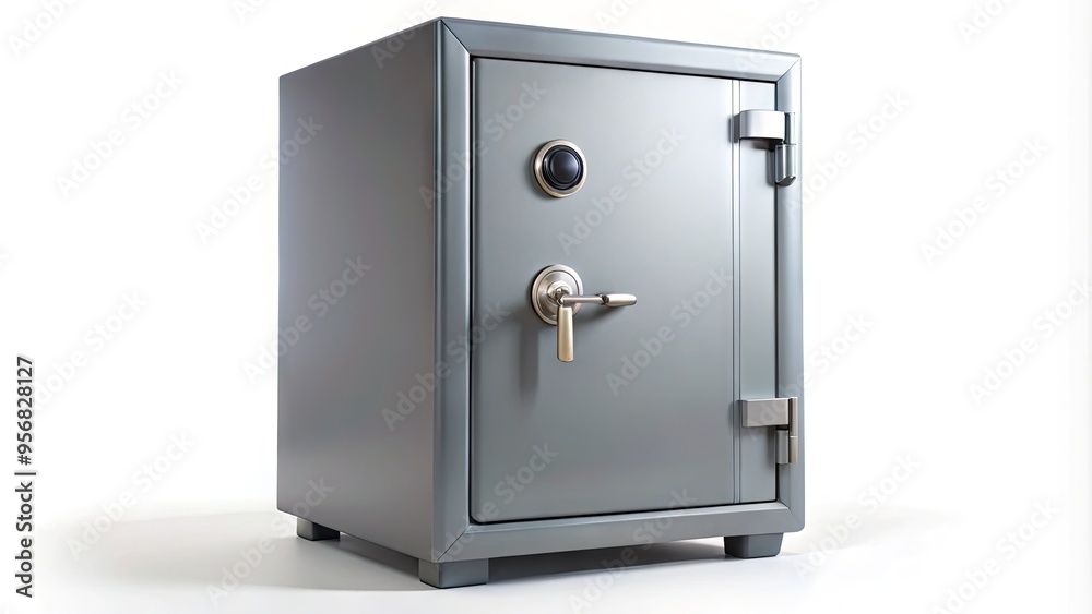 A modern, sleek, gray fireproof cabinet with a combination lock and handle, standing alone on a white background, emphasizing security and protection. A modern, sleek, gray fireproof cabinet with a combination lock and handle, standing alone on a white background, emphasizing security and protection.