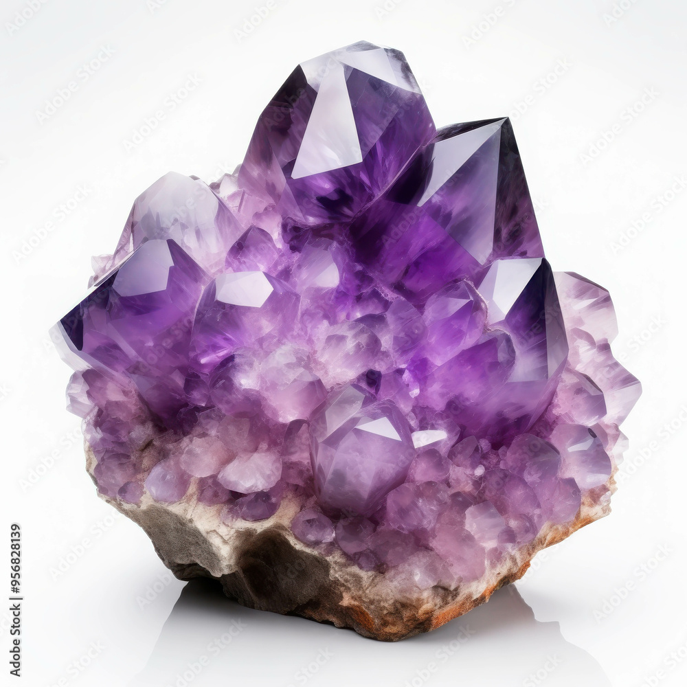 Amethyst Cathedral: A mesmerizing cluster of vibrant amethyst crystals, their purple hues radiating tranquility and mystique. Isolated on white with reflections. Amethyst Cathedral: A mesmerizing cluster of vibrant amethyst crystals, their purple hues radiating tranquility and mystique. Isolated on white with reflections.