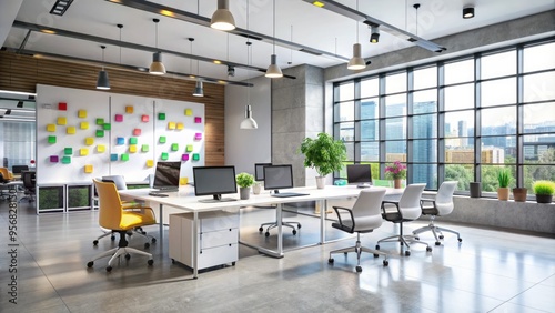 A modern, sleek, and organized office space featuring a large magnetic whiteboard with colorful markers and notes, surrounded by blurred computers and furniture.