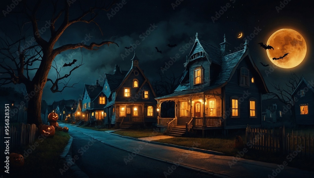 A hand-drawn illustration of a quaint Halloween night town scene. A hand-drawn illustration of a quaint Halloween night town scene.