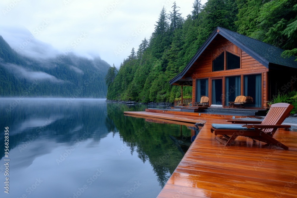 Lakeside scenery, still waters, early morning fog create a peaceful and serene setting Lakeside scenery, still waters, early morning fog create a peaceful and serene setting