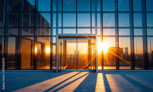 An elegant glass door entrance of a high-rise office building illuminated by gentle sun rays during sunset