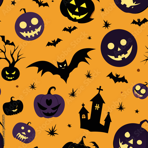Halloween Pattern With Haunted Houses, Ghosts, Bats, Pumpkins, and Spooky Creatures

