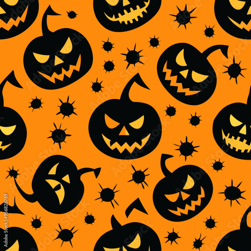 Halloween Pattern With Haunted Houses, Ghosts, Bats, Pumpkins, and Spooky Creatures


