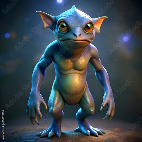 A quirky. blue skinned creature with large ears and expressive eyes stands on a dark background. its body glowing with iridescent hues. photo