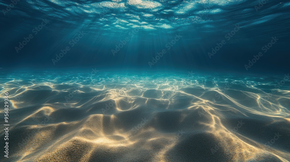 Naklejka premium An underwater seascape with gentle waves creating patterns of light and shadow on the sandy ocean floor.
