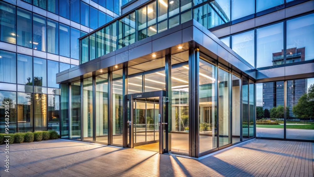 A modern glass and steel entranceway with sliding doors and sleek architecture invites visitors into a contemporary corporate office or commercial facility. A modern glass and steel entranceway with sliding doors and sleek architecture invites visitors into a contemporary corporate office or commercial facility.