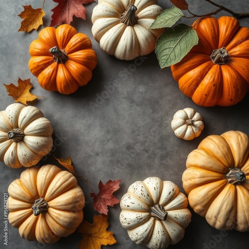 Flat lay with handmade painted gypsum pumpkins and copy space, autumn holidays, thanksgiving, halloween geeting card, invitation mockup, backgrounds for halloween, Ultra realistic, Photorealistic  photo