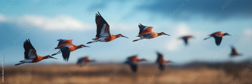 Fototapeta premium A dynamic image capturing a flock of birds in flight against a cloudy sky, depicting motion and freedom of nature's elements.