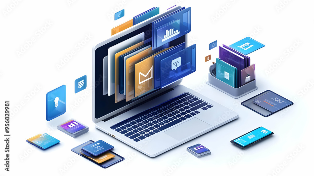 Desktop and Files Icons with Document Sharing text isolated on white background concept as Camera movement Focus on the desktop and files icons emphasizing document sharing during virtual meetings. Sc