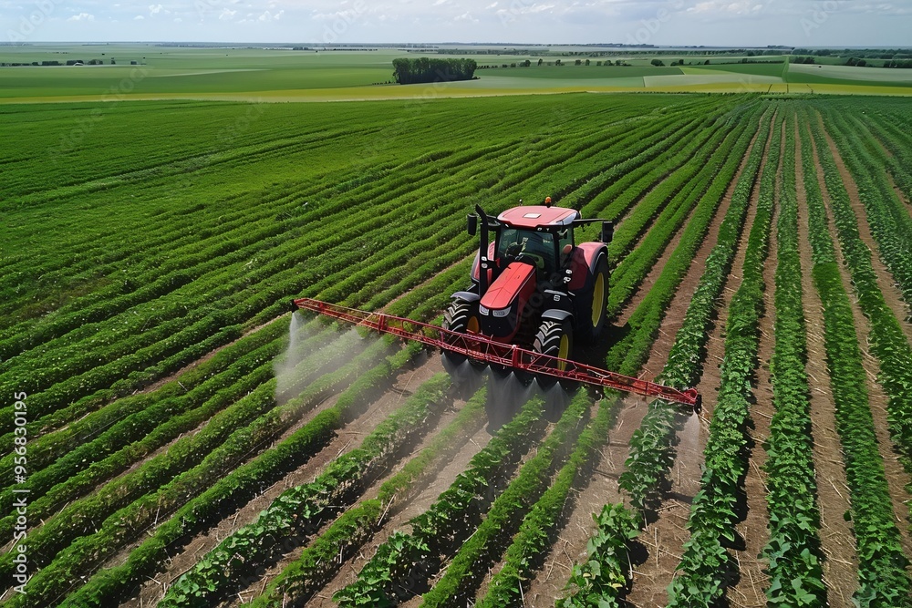Aerial View of Tractor Spraying Crops in a Field Aerial View of Tractor Spraying Crops in a Field