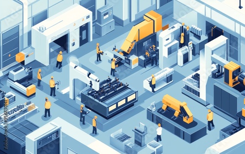 A detailed isometric illustration of a modern industrial workspace with workers and machinery.