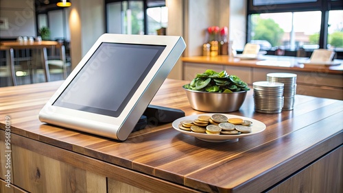 Fototapeta Naklejka Na Ścianę i Meble -  A modern restaurant's sleek payment counter with a card machine, touchscreen display, and neatly arranged bills and coins on a polished wooden surface.