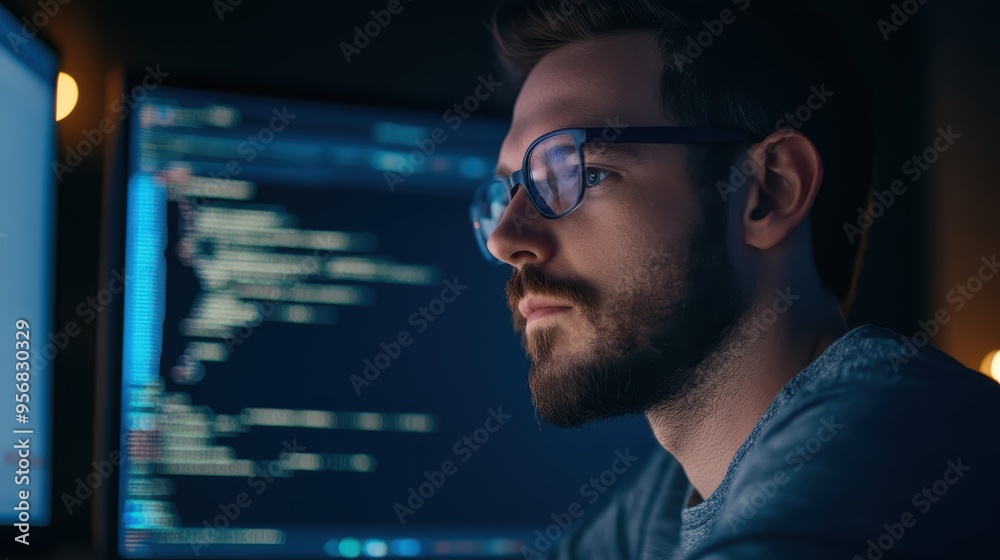 Concentrated Programmer Working Late Night Coding Concentrated Programmer Working Late Night Coding