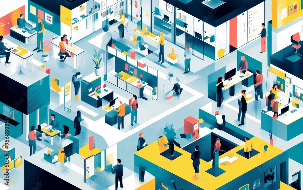 A vibrant illustration of a modern office space with diverse people engaged in various work activities.