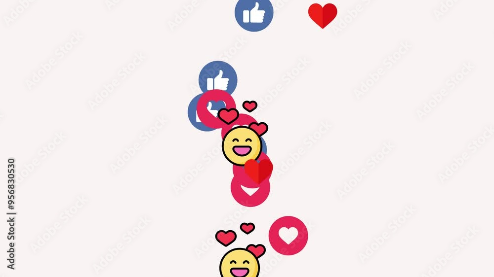 Social media emojis of hearts, smilies, thumbs-up and likes animation flying moving upwards direction while chatting and streaming meetups on white Social media emojis of hearts, smilies, thumbs-up and likes animation flying moving upwards direction while chatting and streaming meetups on white