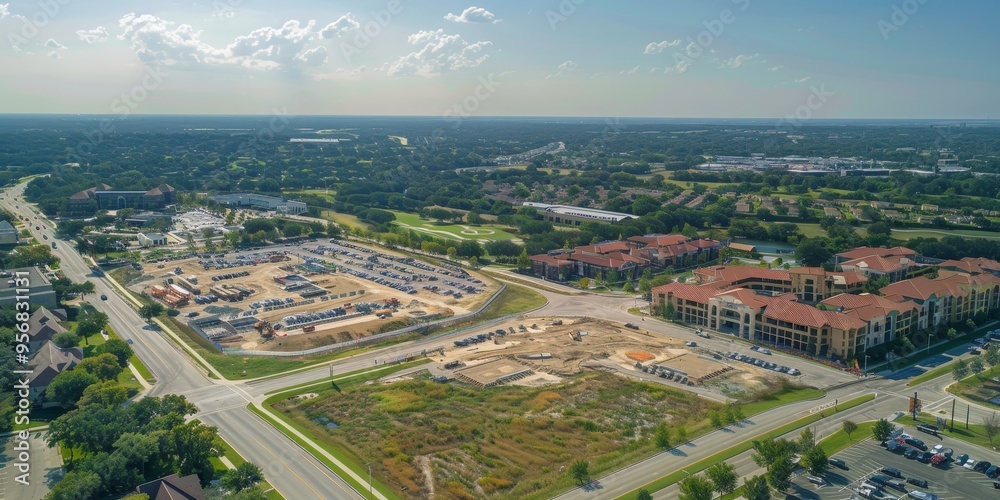 Naklejka premium A drone aerial view of a commercial real estate development project with construction in progress