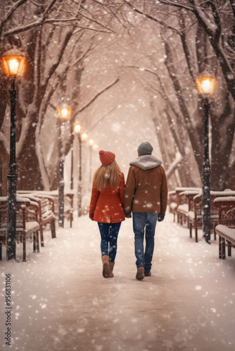 Winter Wonderland Stroll: A romantic couple walks hand-in-hand through a snow-covered park, their love glowing brighter than the twinkling streetlights.  A serene moment captured in a winter wonderlan photo