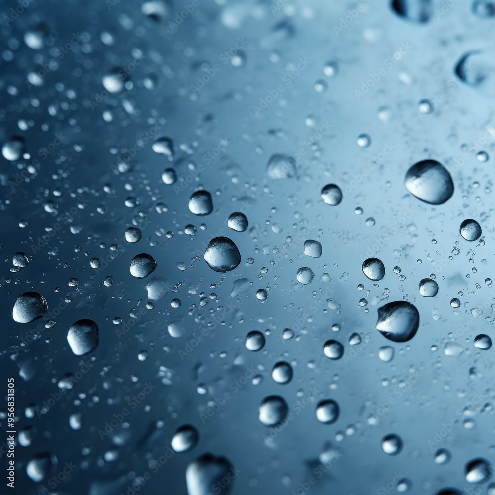 Azure Tears: Close-up on water droplets clinging to a rain-streaked window, reflecting a moody blue sky in their shimmering depths. Azure Tears: Close-up on water droplets clinging to a rain-streaked window, reflecting a moody blue sky in their shimmering depths.