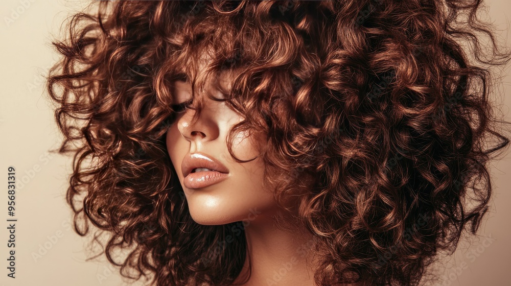 Close-up of a woman with curly hair styled in defined, bouncy curls, set against a plain backdrop to highlight the volume and natural texture.