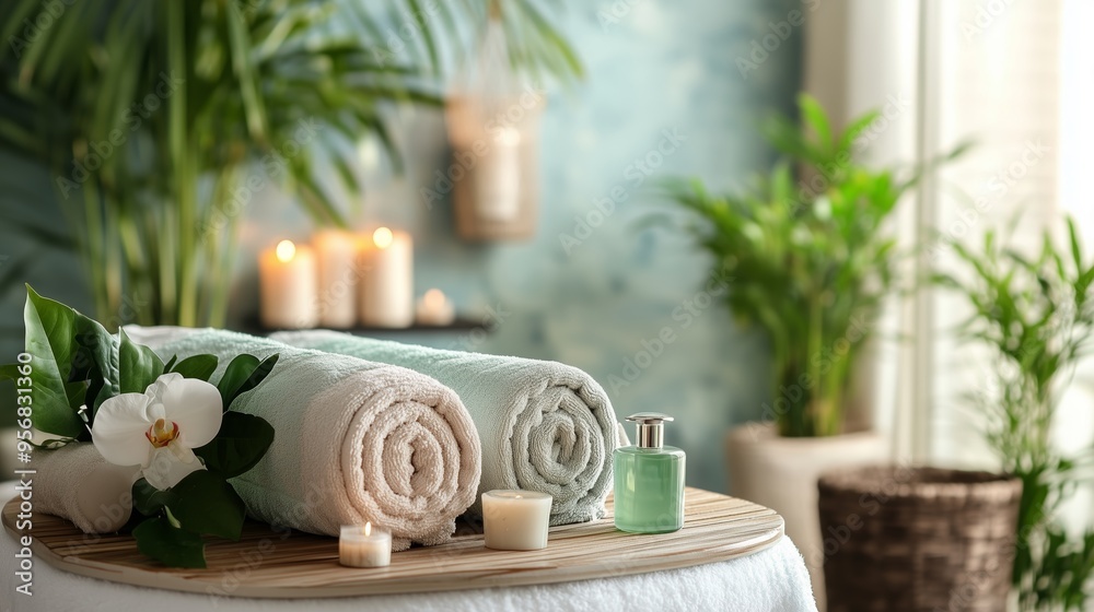 Relaxing spa setup with rolled towels and essential oils in a serene space featuring soft candlelight and decorative plants Relaxing spa setup with rolled towels and essential oils in a serene space featuring soft candlelight and decorative plants