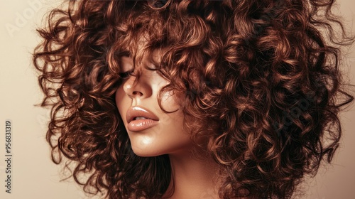 Obraz na płótnie Close-up of a woman with curly hair styled in defined, bouncy curls, set against a plain backdrop to highlight the volume and natural texture. w salonie