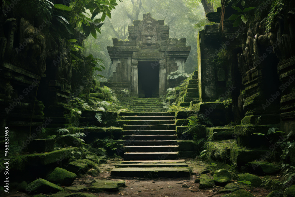 Ancient Temple Secrets: A moss-covered stone temple, shrouded in mist, beckons explorers into the heart of the jungle. Ancient Temple Secrets: A moss-covered stone temple, shrouded in mist, beckons explorers into the heart of the jungle.