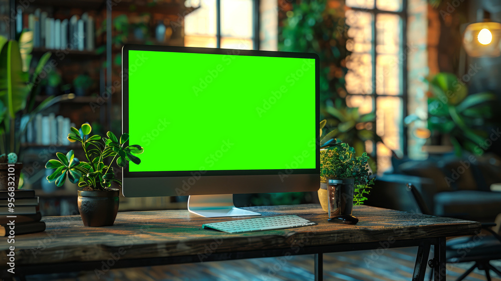 A desktop computer with a green screen in a cozy, plant-filled home office, providing a warm and inviting workspace setting.
A desktop computer with a green screen in a cozy, plant-filled home office, providing a warm and inviting workspace setting.